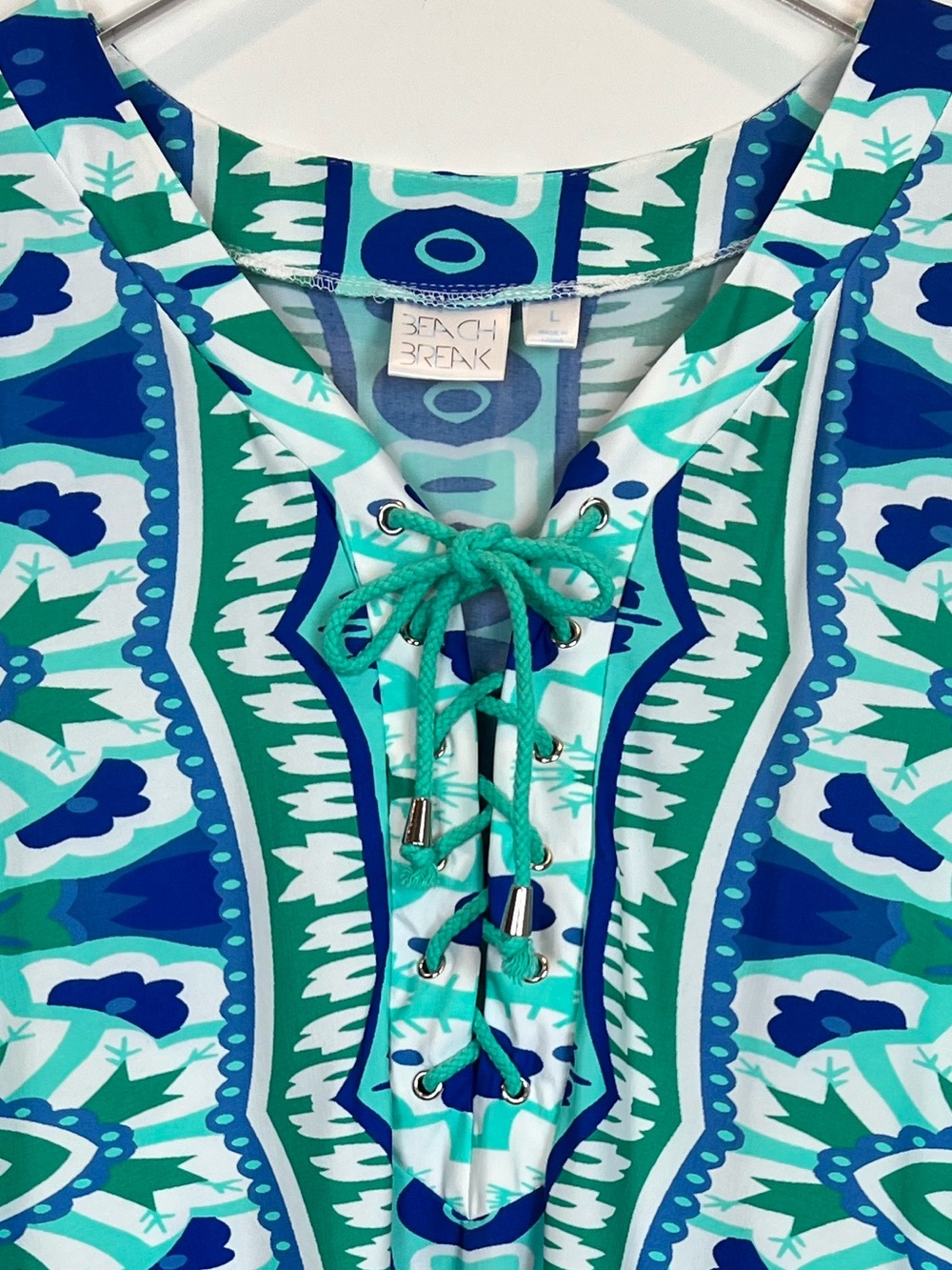 Beach Break Dress Swim Cover Up with Blue & Teal Abstract Print B Neck sz L - Picture 6 of 12